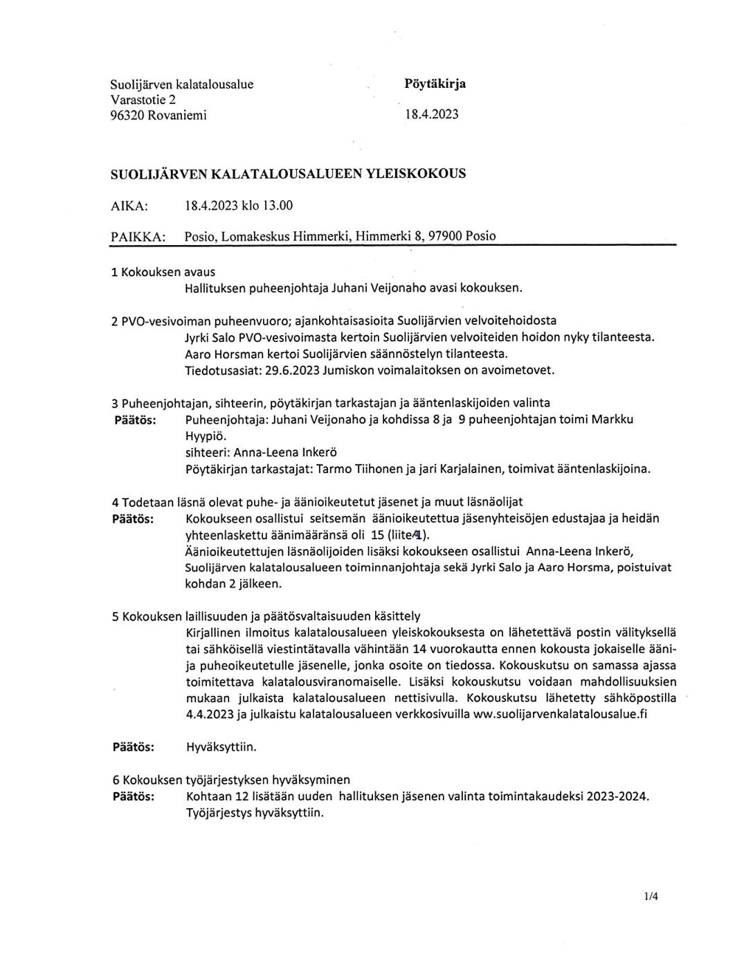 Yleiskokouksen 2023 pöytäkirja luettavissa